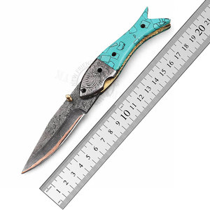 Couteau de poche pliant en acier Damas cuivré, gravé, avec poignée en pierre turquoise et contreforts en acier – Couteau EDC pour camping et chasse – Vente chaude - Product Image 6