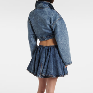 Elegant Asymmetric <b>Cropped</b> <b>Denim</b> <b>Jacket</b> Casual Washed Long Sleeves Dropped Shoulders Coats Fashion Cinched Waist Women Outwear - Product Image 2