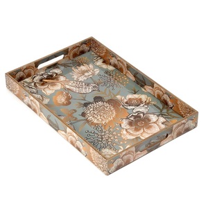 ถาดไม้สี่เหลี่ยมพิมพ์ลายดอกไม้สีทองและลายนกสไตล์วินเทจ พร้อมหูจับ สำหรับขายส่งและสั่งซื้อจำนวนมาก - Product Image 1