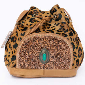 <b>Men's</b> Vintage Handmade Eco-Friendly Genuine Leather Zipper Closure Bucket <b>Bag</b> with Leopard Print Hairon and Turquoise Concho - Product Image 5