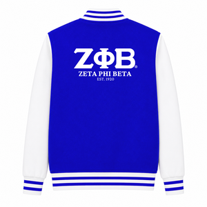 Chaqueta universitaria personalizada de la hermandad Zeta Phi Beta, azul y blanca, con cremallera frontal completa, cuello con banda, logotipo bordado, de algodón. - Product Image 3
