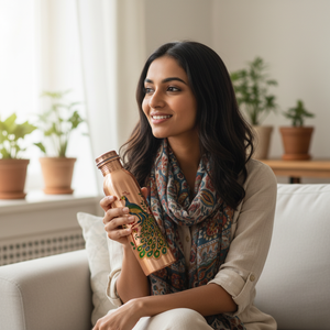 Bouteille d'eau en cuivre durable imprimée paon 1000 ml, anti-fuite, bouteille ayurvédique pour la maison, la salle de sport, le bureau, fournisseur en gros - Product Image 3