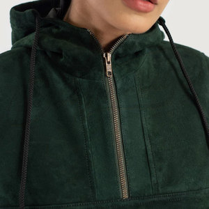 Women Emerald Green Genuine <b>Suede</b> Leather Anorak <b>Jacket</b> Hooded Pullover Slim Fit Premium Goat <b>Suede</b> Half-Zip Streetwear Hoodie - Product Image 3