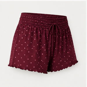 Shorts de détente amples et fluides pour femme, à pois, en jersey de viscose soyeux, avec cordon de serrage, personnalisés, couleur Rich Wine - Product Image 4