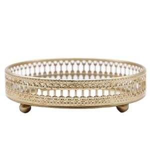 ถาดเครื่องประดับทรงกลมชุบทองโบราณ พร้อมพื้นผิวกระจก สำหรับจัดเก็บเครื่องสำอางและเครื่องประดับ เหมาะสำหรับตกแต่งโต๊ะงานแต่งงาน - Product Image 1