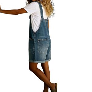 Custom Indigo Denim Bib Shortall <b>Women</b> Sleeveless Button Front Utility Pocket Summer <b>Overall</b> Jumpsuit - Product Image 2