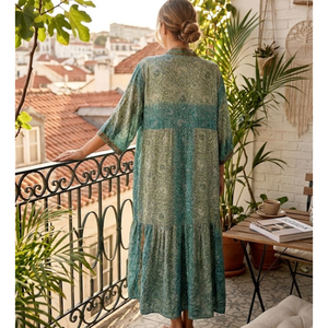 Falda Larga con Estampado Paisley Vintage Bohemio para Mujer |   Vestido largo maxi con mangas largas, dobladillo escalonado y cintura imperio, estilo holgado. - Product Image 2