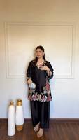 Robe musulmane modeste noire brodée à très forte attractivité, ensemble Salwar Kameez à manches longues, tenue traditionnelle florale avec hijab pour femme