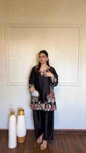 Black Embroidered Muslim <b>Dress</b> <b>Long</b> Sleeve Abaya Set Floral Hijab Outfit Traditional Women Apparel - Product Image 6