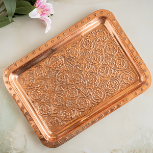 Copperware <b>Trays</b> Pure Round shape Rectangular Food <b>Snacks</b> Drinks Serving <b>Tray</b> Handmade Hammered Polished At Nice Price - Product Image 3