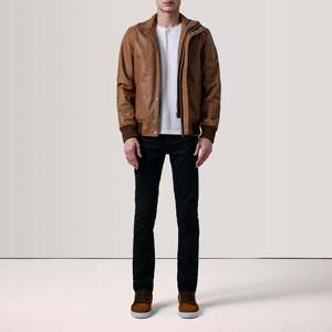 Blouson Bomber Homme en Cuir Véritable Col Montant Fermeture Éclair Décontracté Automne Coupe Slim Couleur Unie Coupe-Vent - Product Image 1