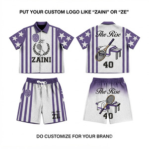 ZAINI Premium 180 GSM Polyester Interlock Breathable Summer Men's T Shirt and Short <b>Set</b> Purple White Solid Custom Embossed Logo - Product Image 1