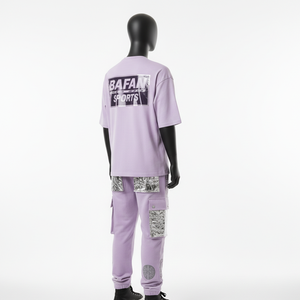 Conjunto de camiseta y pantalón cargo para hombre, mezcla de algodón grueso de 300 GSM, estampado gráfico lavanda, ropa urbana personalizada, conjunto de 2 piezas. - Product Image 5