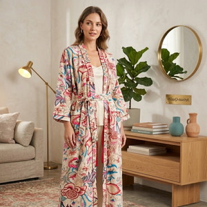 Bata Kimono de Algodón Estampada a Mano con Diseño Floral Crema, Bata Larga para Descansar con Cinturón Ajustable, Estilo Boho para Resort o Playa - Product Image 6