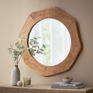 Mid Century Modern Acacia Wood <b>Round</b> <b>Mirror</b> with Hooks Eco-friendly Handmade for <b>Bathroom</b> - Product Image 2