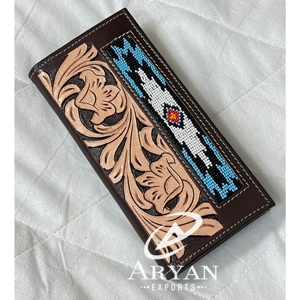 High Quality Wholesale Beaded Slim Woman <b>RFID</b> Genuine Tooled Leather Card Holder Customized Floral Pattern Long <b>Wallets</b> for Men - Product Image 1