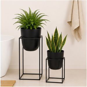 Juego de 2 Macetas Metálicas Modernas con Soporte Alto, Macetas Minimalistas de Hierro Negro Mate para Sala de Estar Interior de Lujo - Product Image 2
