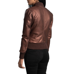 Chaqueta bomber de cuero PU color cobre metalizado para mujer, con cuello alto y cremallera, a prueba de viento. - Product Image 3