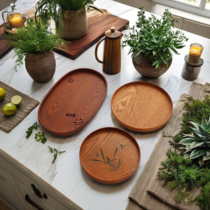 Plateau à thé japonais en bois fait main, durable, style traditionnel, décoration d'intérieur, fête, portable, assiettes jetables à motif végétal - Product Image 3
