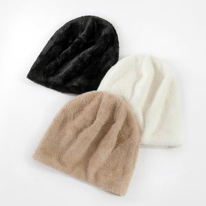 Bonnet unisexe épais et moelleux à double couche en fausse fourrure beige unie, tricoté avec impression numérique, style décontracté 2026 - Product Image 6