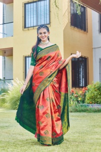 Orange And Green Silk Saree With Zari Border For Wedding And Festival Wear Women Traditional Indian Ethnic Dress - Product Image 4