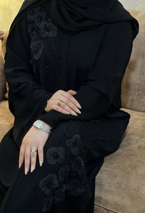 Elegant Black Abaya With Floral Embroidery <b>Long</b> Sleeve Loose Fit Floor Length Women's Traditional Middle Eastern <b>Dress</b> - Product Image 2