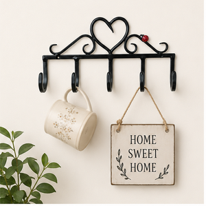 Decorative Wrought Iron Heart Shaped <b>Wall</b> Mounted Key Holder With 5 Hooks Rustic Black Metal Entryway Organizer <b>Rack</b> - Product Image 2