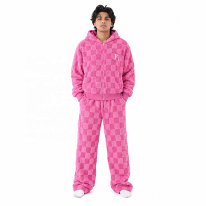 Wholesale Plush Fleece <b>Hooded</b> Sweatshirt Tracksuit Set Unisex Checker Texture <b>Zip</b> Hoodies Streetwear Relaxed Jogger Pants Bulk - Product Image 1
