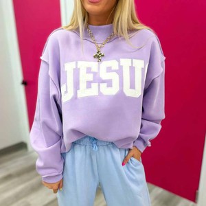 Jesus Custom Embroidery <b>Mock</b> <b>Neck</b> Sweatshirt Lavender Varsity Oversized Women Pullover Heavyweight Fleece Wholesale Bulk - Product Image 4