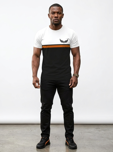 Camiseta de Manga Corta con Cuello Redondo para Hombre, con Estampado de Logotipo de Ala, Rayas Negras, Blancas y Naranjas, Corte Ajustado, Informal, Transpirable, de Punto - Product Image 2