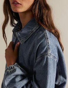 Custom <b>Women's</b> Denim Jacket Vintage Wash Zip Up Dropped Shoulder <b>Elastic</b> Cuff <b>Jean</b> Outerwear Wholesale Bulk Manufacturer - Product Image 6