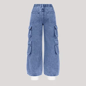 Pantalones vaqueros cargo holgados de cintura media para mujer, azul lavado, de pierna ancha, estilo skater, streetwear, hip hop, con múltiples bolsillos, casuales, 100% denim - Product Image 2