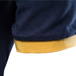 Men's <b>Navy</b> Blue Yellow Short Sleeve Polo Shirt Embroidered Logo Preppy Style Regular Fit Breathable Cotton Oxford Fabric - Product Image 4