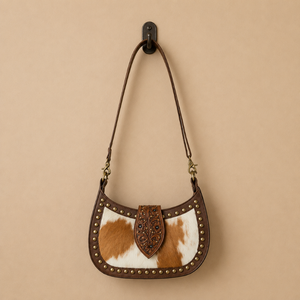 Bolso de Hombro de Cuero Hairon para Mujer, Bolso de Mano Occidental con Tachuelas de Cuero Vacuno Genuino, Bolso Boho con Diseño Repujado, Elegante y a la Moda para el Día a Día - Product Image 1