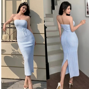 Sky Blue Striped Rib Knit Bandeau Maxi Dress with Self Tie Waist <b>Tube</b> dress ribbed maxi dress strapless bodycon summer knitwe - Product Image 5