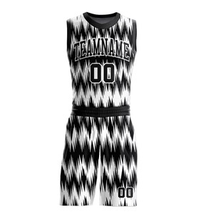 Ensemble de maillots de basket-ball personnalisés noir et blanc à motif zigzag, sublimation, motif flamme, uniforme pour hommes, vêtements de sport respirants pour équipe - Product Image 3
