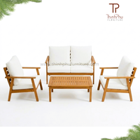 Banc contemporain Monaco 3 places, mobilier d'extérieur écologique, ensemble de canapés en bois d'acacia pour jardin, coussins pliables, hôtels, villas