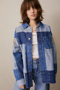 Veste en jean pour femme, col rabattu, manches longues, color block - Product Image 1