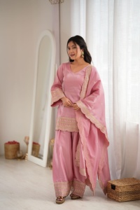 Premium silk blend <b>women</b>’s embroidered <b>kurta</b> with Patiala dupatta ethnic outfit breathable fabric smooth drape festive elegant - Product Image 6