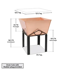Copper <b>Square</b> Planter Pot with Black Metal Stand 12.5 Inch Drainage Hole Included Industrial Style Decorative <b>Vase</b> - Product Image 2