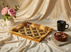 Plateau de service rectangulaire en bambou artisanal avec poignées, brun, pour thé et café - Product Image 2