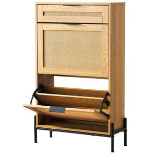 Scarpiera stretta in legno chiaro colore Rattan 2 cassetti ribaltabili 1 cassetto scorrevole sottile ingresso ingresso armadio Organizer con gambe in metallo - Product Image 1