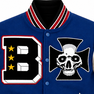 Blouson universitaire d'hiver en cuir brodé bleu de qualité supérieure, personnalisé, avec motif crâne et scorpion, rembourrage en polyester - Product Image 5