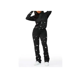 Conjunto de Sudadera con Capucha de 2 Piezas con Estampado de Salpicaduras en Blanco y Negro para Mujer, Chándal de Punto Informal de Longitud Completa para Todas las Temporadas - Product Image 1