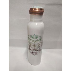 Botella de Agua de Cobre Puro Ecológica Premium, Recipiente de Bienestar Ayurvédico con Estampado Floral Blanco, Deportiva, Metálica, Hermética y sin Costuras - Product Image 1