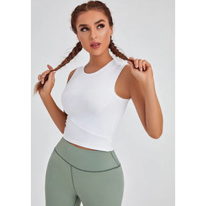Débardeur court décontracté sans manches à col rond pour femme, couleur unie, tricoté, respirant, avec logo frontal, idéal pour la gym - Product Image 2