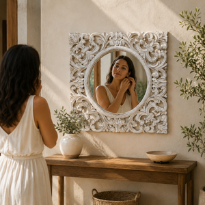 Panneau mural carré sculpté en bois de manguier blanchi fait main, cadre décoratif floral orné 24 x 24 cm pour décoration murale élégante à la maison - Product Image 2