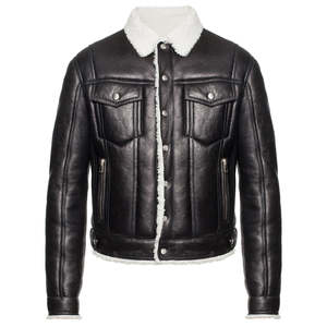 Custom Wholesale Men Black Genuine Sheepskin Leather <b>Jacket</b> White Faux Fur <b>Shearling</b> Collar Winter Warm <b>Bomber</b> Trucker Coat - Product Image 1