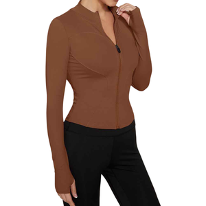 Veste de motard marron pour femme à manches longues avec fermeture éclair, tricotée, respirante, couleur unie, col montant, longueur standard, pour l'automne - Product Image 4