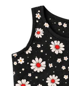 Conjunto de dos piezas para mujer: Top corto acanalado y shorts con cordón, negro con estampado floral de margaritas en el centro en rojo, estilo casual para estar en casa. - Product Image 5